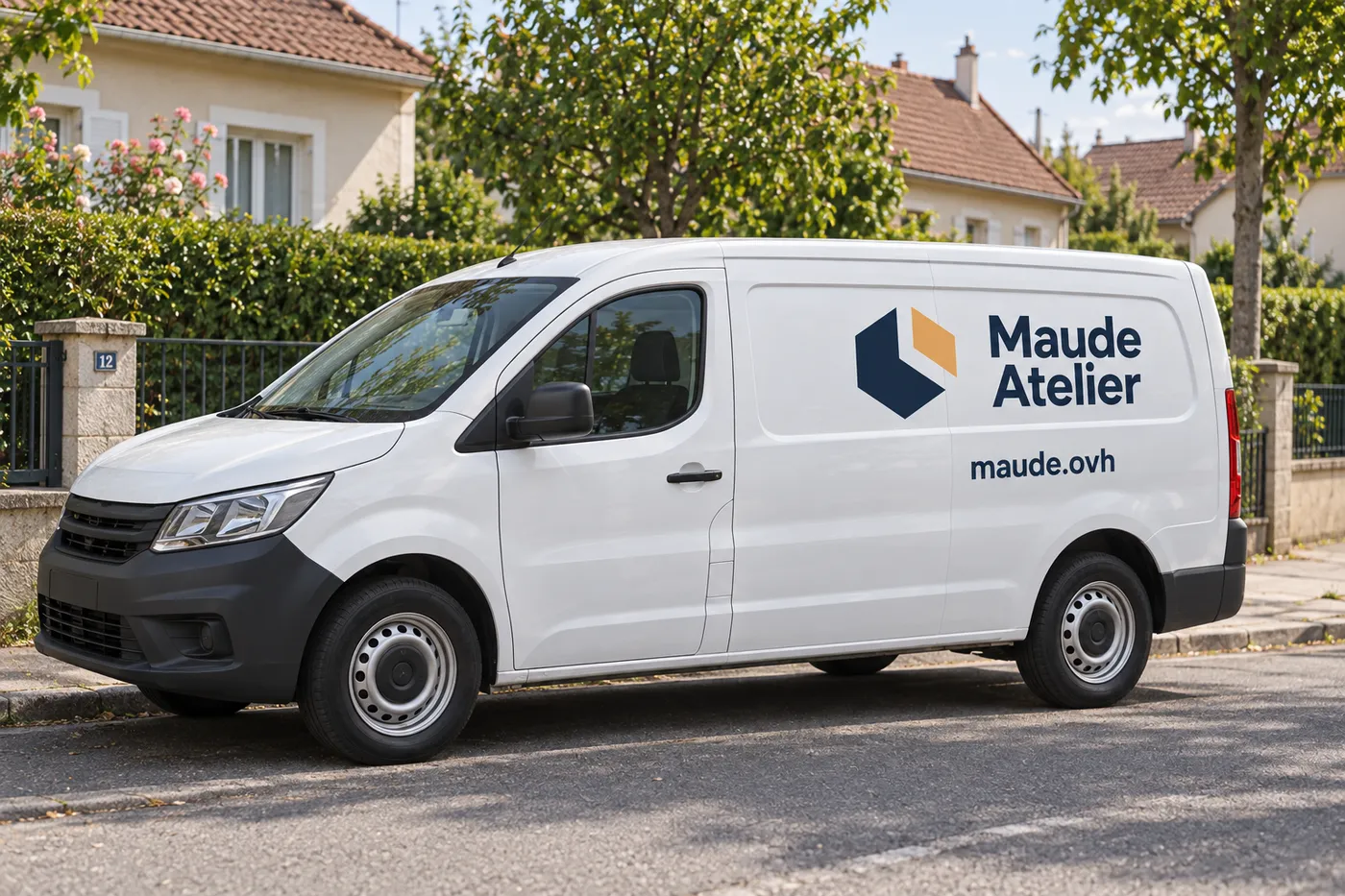 Camionnette blanche Maude Atelier marquée maude.ovh garée dans une rue pavillonnaire de Carrières-sous-Poissy