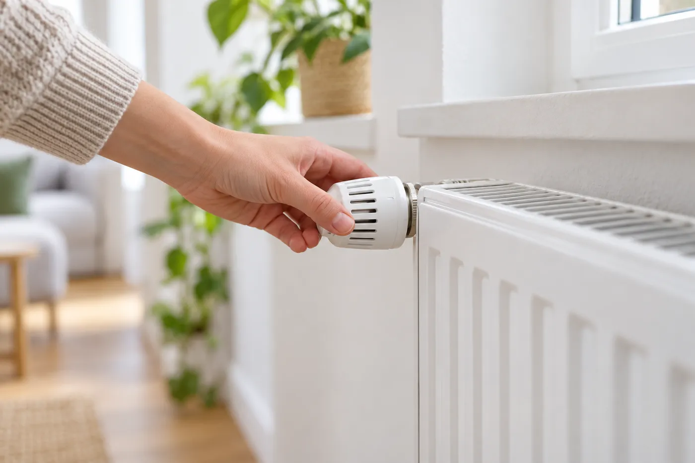 Réglage du robinet thermostatique d'un radiateur blanc dans un salon lumineux